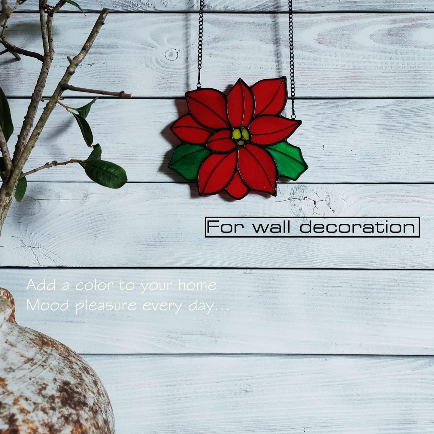 Stained Glass Poinsettia Flower Window Hanging Christmas Sun Catchers Holiday Decoration Window Panels Birthday Gifts for mom,Woman and Friends (red)