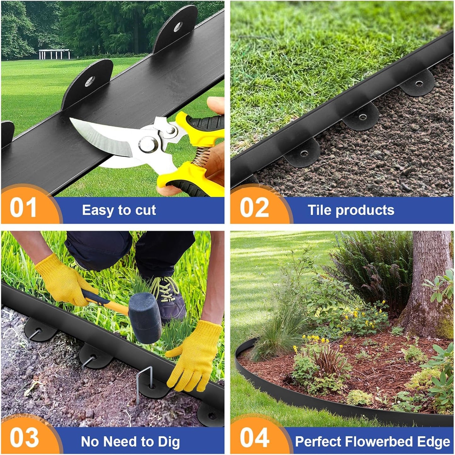 Landscape Edging, 2.0" x 60' Plastic Garden Edging with 60 Pcs Metal Spikes, Flexible Garden Border for Lawn, Landscaping, Flower Beds