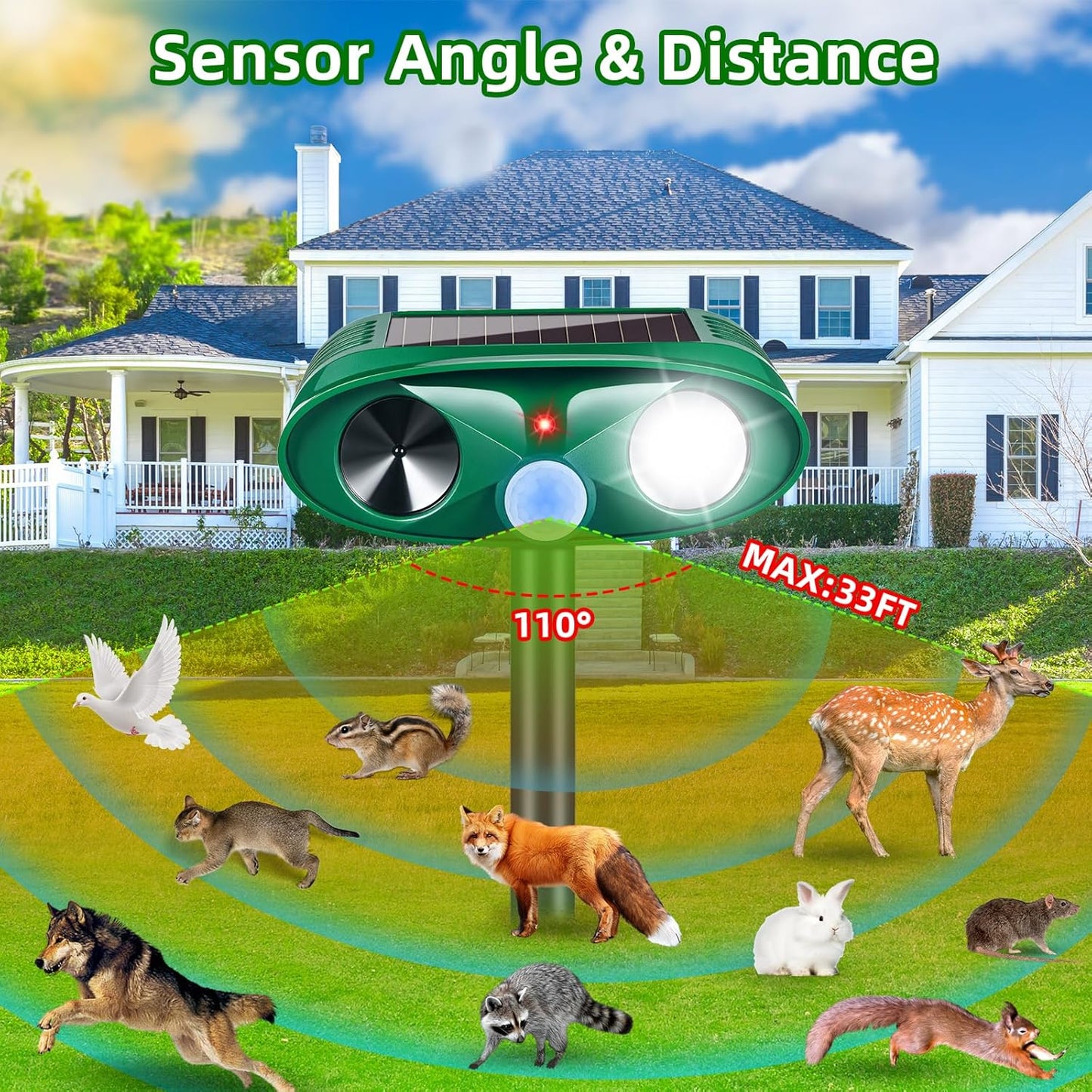 4 Pack Solar Ultrasonic Animal Repellent Outdoor Squirrel Raccoon Fortress Pro,Cat Deer Repellent with Motion Sensor & Strobe Light,Waterproof Dog Rabbit Deterrent for Garden Yard