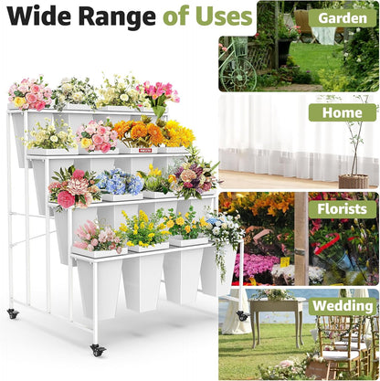 Flower Display Stand 4 Layers with 16 PCS Square Buckets, Plant Stand with Wheels, Movable Metal Plant Stand for Terrace Garden, Living Room, Florist Shop