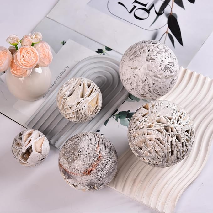 JIC Gem Natural Mexican White Agate Crystal Sphere with Wooden Stand Decorative Crystal Ball White Gemstone Sphere for Meditation,Feng Shui,Witch-Style Decor,Table 70-80mm