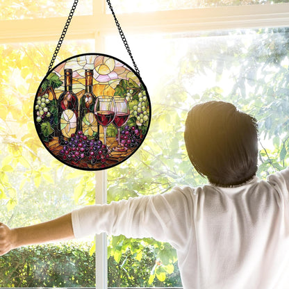 Stained Glass Window Hanging, Grapes and Wine Suncatcher Diamond Glass Panel Hangings Sun Catchers Decor for Birthday for Women, Men, Wife, Aunt, and Mom 7.8 in