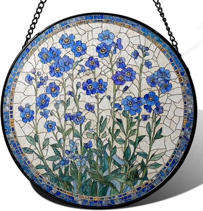 Forget-Me-Not Suncatcher -7.9 in Stained Glass Window Hanging Sun Catcher Garden Decor