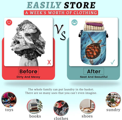 Sea Turtle Laundry Basket Foldable With Handles Watercolor Turtles Tote Bag Oxford Cloth Colorful Animal Laundry Hamper Clothes Toy Storage Bucket For Bathroom/Laundry/Bedroom 18.9"x 16.5 "