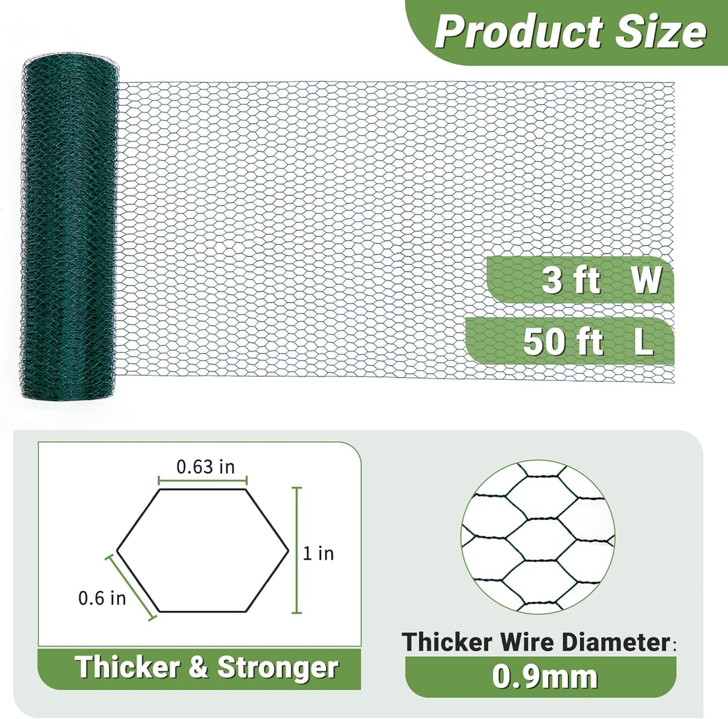 Galvanized Hexagonal Floral Chicken Wire Fencing Mesh, Outdoor Anti-Rust Poultry Netting for Garden Fence (3 ft x 50 ft, PVC Coated)