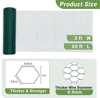 Galvanized Hexagonal Floral Chicken Wire Fencing Mesh, Outdoor Anti-Rust Poultry Netting for Garden Fence (3 ft x 50 ft, PVC Coated)