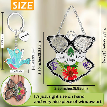 KY&BOSAM Angel Suncatcher Faith Hope Love Stained Glass for Windows Hangings Wind Chimes with Pressed Real Flowers and Heart Charm Engraved Birthday Gifts for Mom Mother`s Day Birthday
