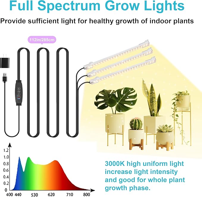 LED Grow Light Strips, Grow Lamps for Indoor Plants Full Spectrum 3000K, 72 LEDs Plant Light with 3/9/12H Timer, 10 Dimmable Levels for Seedling Succulent, 3 Head 7.8 Inches