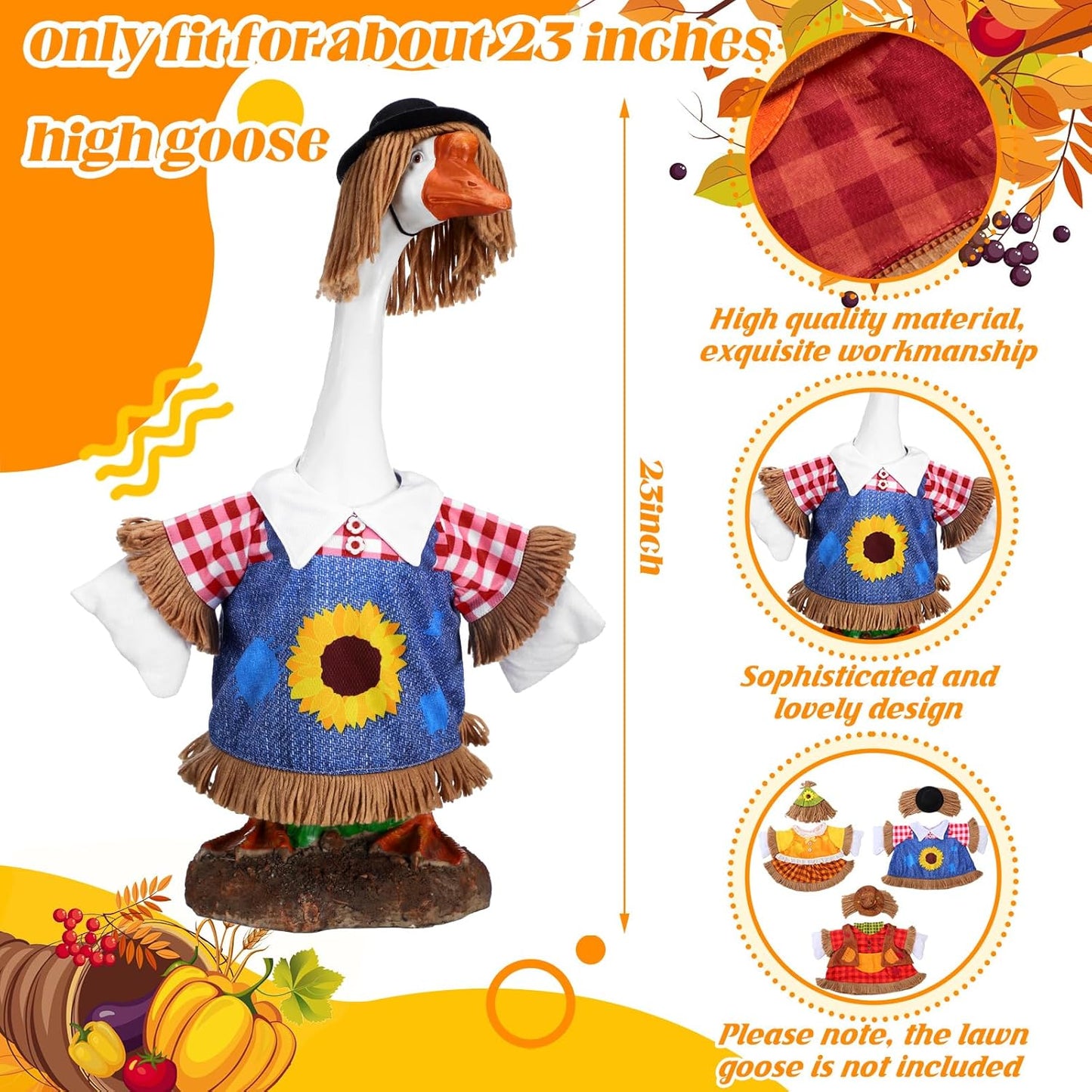 3 Set Fall Goose Outfit 23 Inch Fall Pilgrim Cement Goose Outfit Thanksgiving Scarecrow Porch Decor Clothes Costume for Autumn Garden Yard Statue Decor