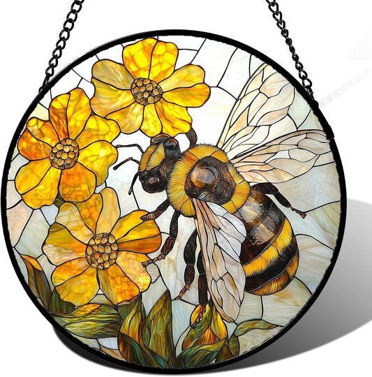 Stained Glass Window Hanging - Yellow Bees Gathering Flowers Sun Catcher for Door Garden Home Decor Cute Suncatcher Christmas Mother's Day Birthday Gifts for Women Men Mom Nana 7.8 in
