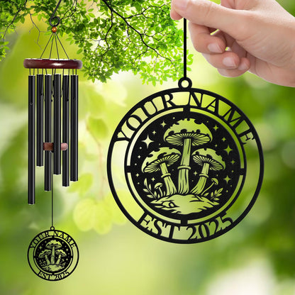 Personalized Customize Name Fantasy Mushroom Wonderland Wind Chime, Metal Iron 37 Inch Outdoor Memorial Gift for Garden Yard Patio Home Decor, Black (Style G)