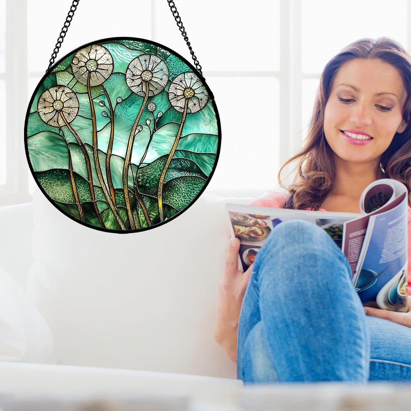 Stained Glass Window Hanging, Green Abstract Lotus Leaves Tree Sun Catcher for Window Door Home Decor Plant Suncatcher Christmas Mother's Day Birthday Gifts for Women Men Mom Nana 6.3 in