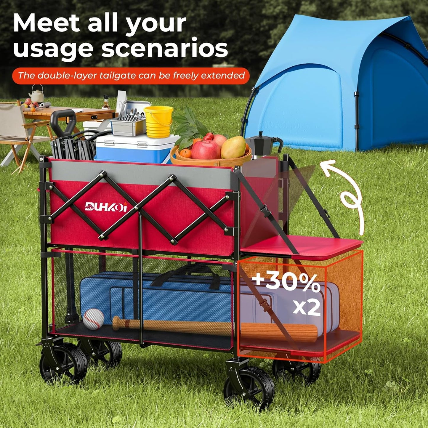 Double Decker Wagon 320L Large Capacity 400LBS Collapsible Sports Utility Cart with Big Wheels,Double Extended Tailgate Heavy Duty Folding Wagon Cart for Groceries,Camping,Outdoor-Rose Pink