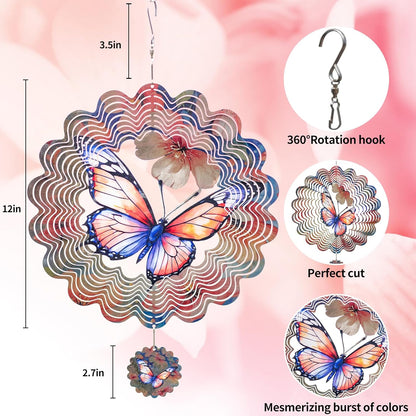 3D Butterfly Wind Spinner for Outdoor Decor, 12 Inch Stainless Steel Metal Wind Sculpture, Weatherproof Garden Art for Yard, Patio, Unique Moving Spinner for Bird Lovers