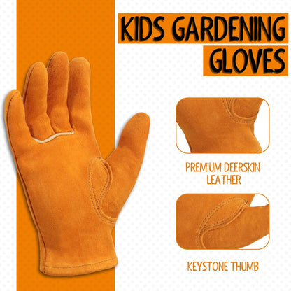 HANDLANDY 2 Pairs Kids Genuine Leather Work Gloves for ages 3-11, Children Gardening Gloves for Boys, Girls (Large (for age 8-11), Orange)