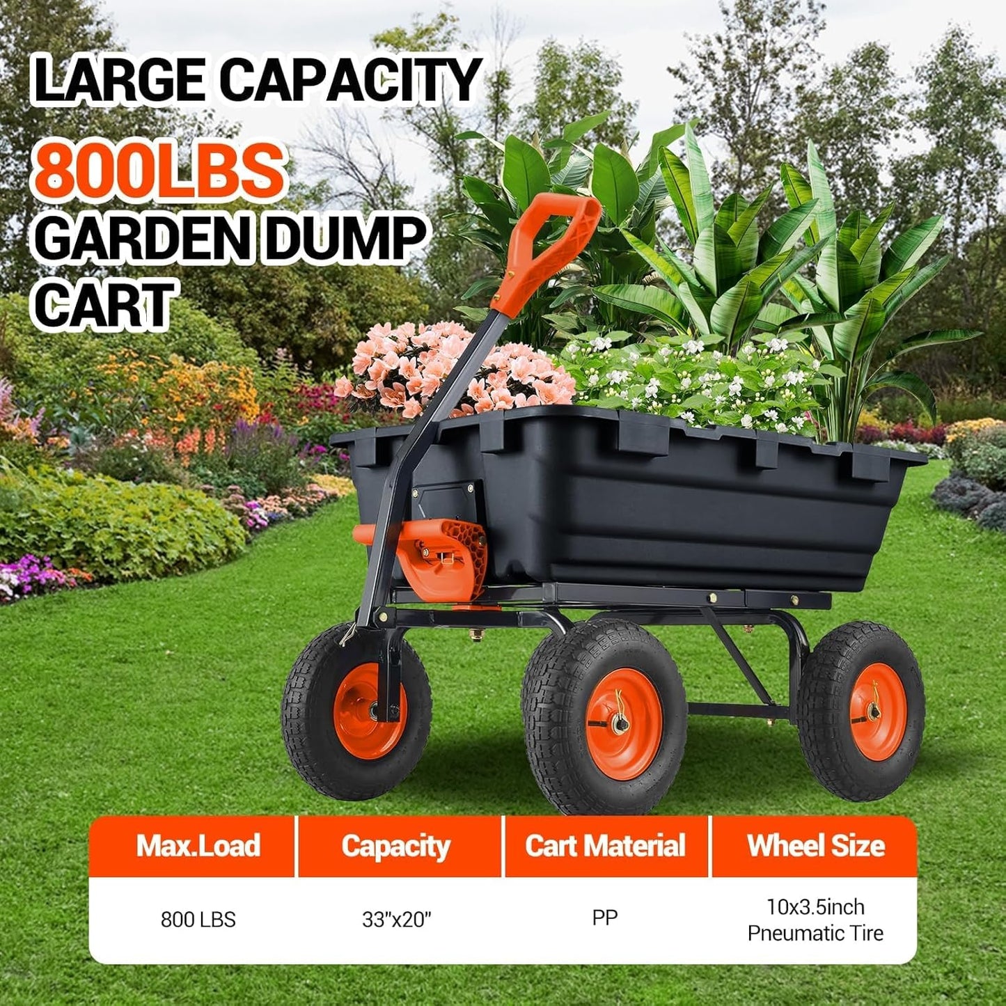 800Lb Heavy-Duty Poly Dump Garden Cart with Steel Frame, Utility Wagon with 10" Tires & Quick-Tilt System for Yard, Beach & Landscaping, Black