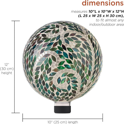 Alpine Corporation 10" Diameter Indoor/Outdoor Glass Mosaic Gazing Globe Yard Decoration, Scroll Leaf Pattern Design