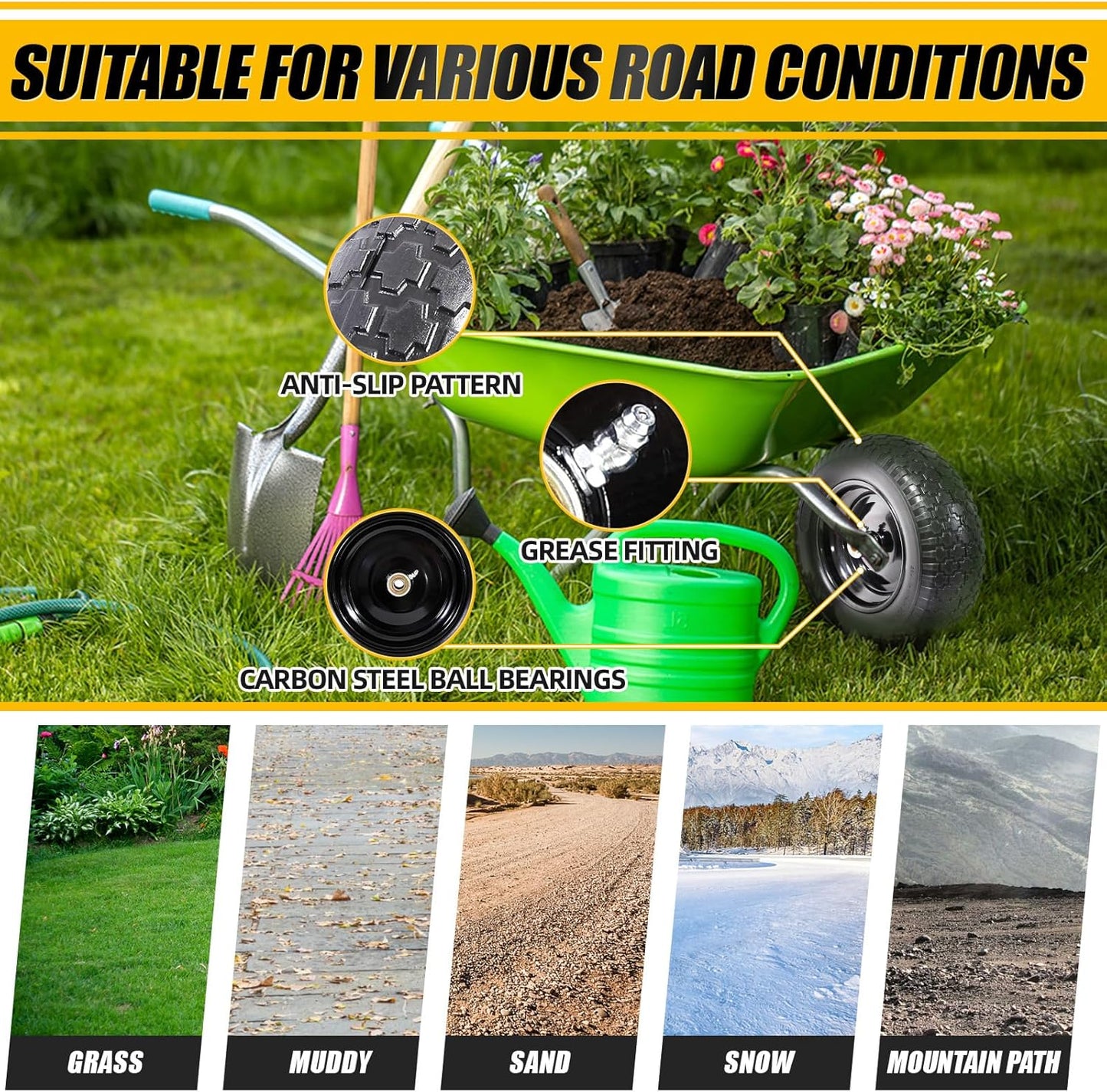MZREXN 14.5" Wheelbarrow Tire Flat-Free 3.00/3.25/3.50/4.00-8" Solid Tire and Wheel with 3"-7" Centered Hub, 3/4" & 5/8" Bearings Replacement for Hand Truck/Dolly/Utility Cart/Garden Cart 1PCS Black