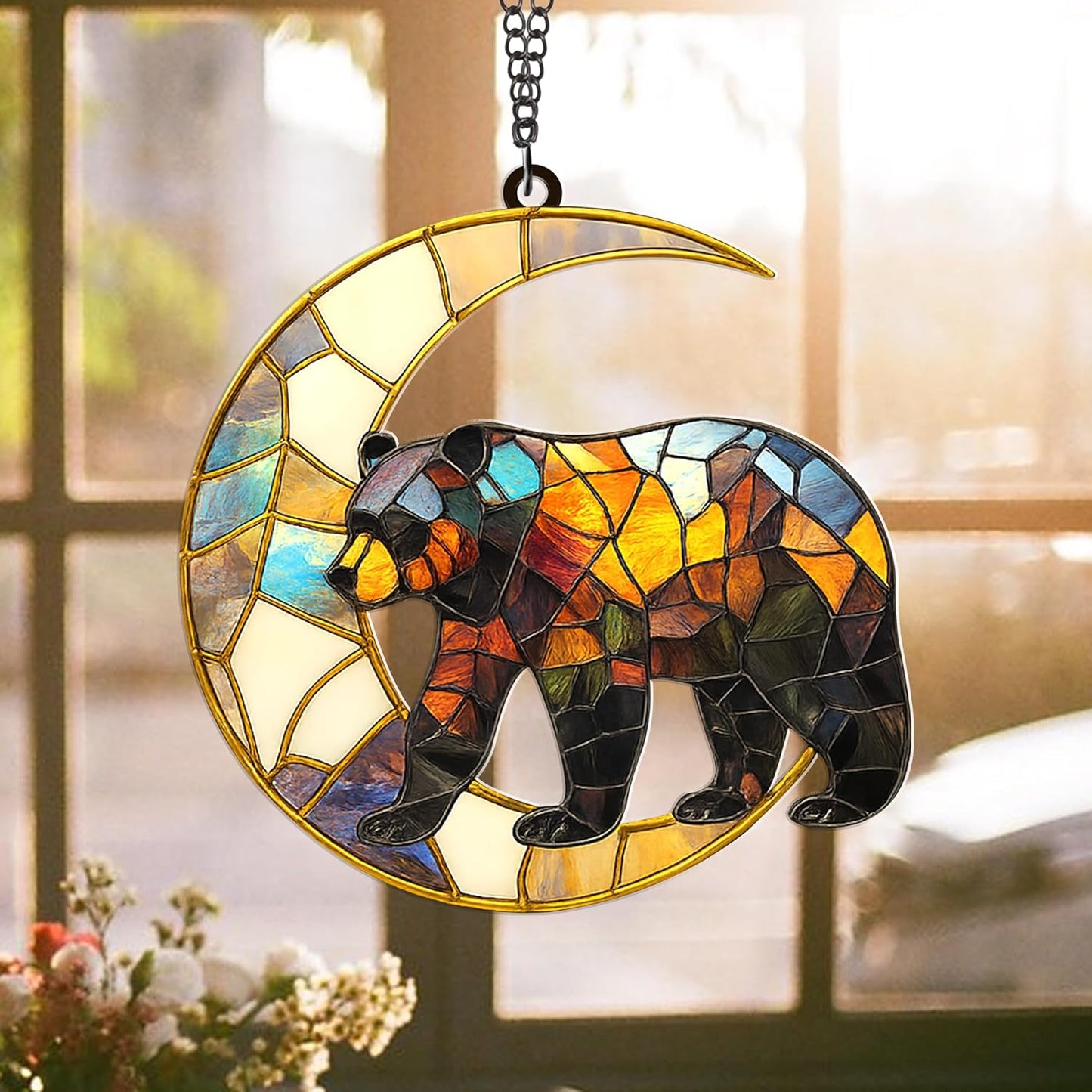 Bear Moon Suncatcher – Style Acrylic Bear Ornament for Window, Nature Wildlife Decor, Rustic Cabin Sun Catcher, Woodland Animal Gift for Nature Lovers (Sun-43)
