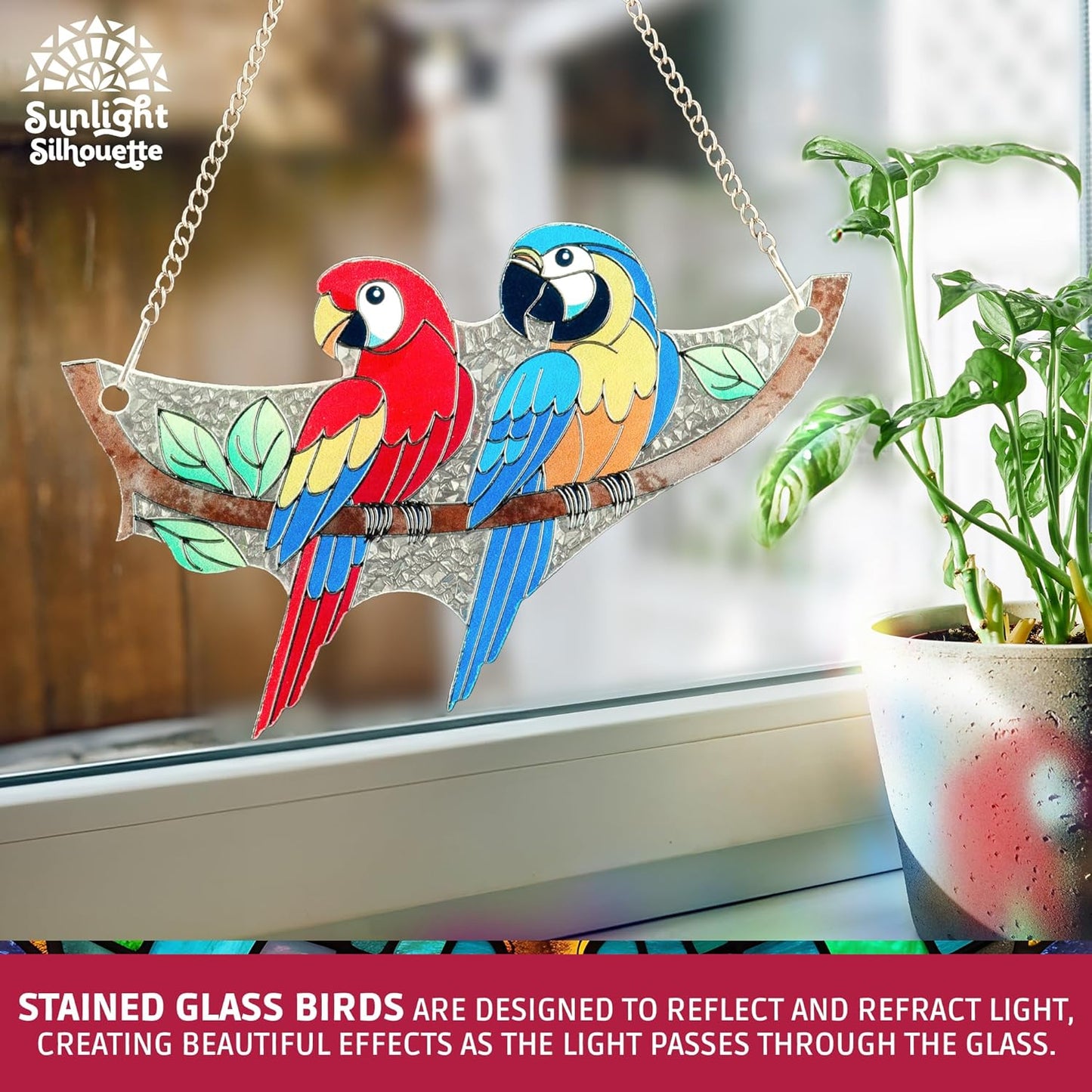 Macaw Bird Stained Glass Suncatcher on Branch 6.4" x 4" Indoor Window Decoration, Ideal Gift for Bird Lovers