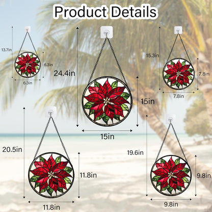 Stained Glass Window Hanging - Red Poinsettia Birth Flower Suncatcher for Door Garden Yard Sun Catchers Decor Christmas Mother's Day Birthday Gifts for Women Mom Nana Friend Men 9.8 in