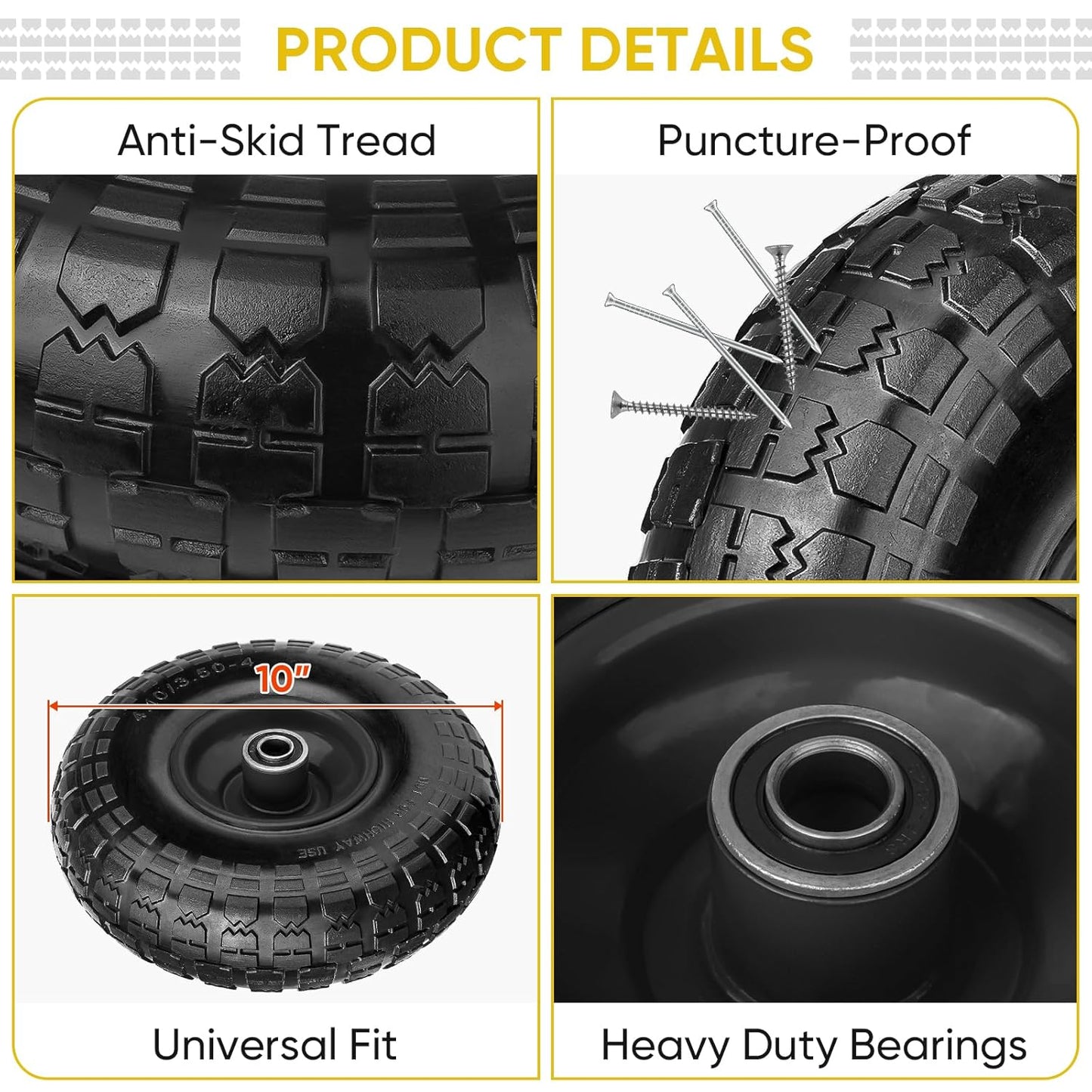 TICONN 10" Solid Tires, 4 Pack Flat Free 4.10/3.50-4'' Wheels with 5/8” Axle Bore Hole and Double Sealed Bearings (Black, 4PK)