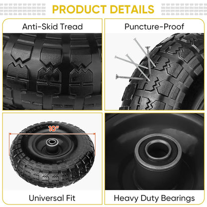 TICONN 10" Solid Tires, 4 Pack Flat Free 4.10/3.50-4'' Wheels with 5/8” Axle Bore Hole and Double Sealed Bearings (Black, 4PK)