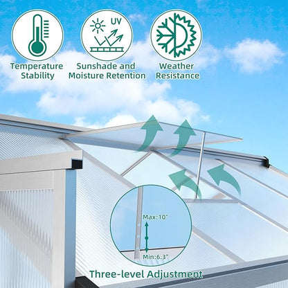 6x8 ft Greenhouse, Large Aluminum Greenhouses for Outdoors, Heavy Duty Polycarbonate Greenhouse with Roof Vent, Walk-in Green Houses for Winter Garden, Backyard, Patio, Lawn, Easy Assembly