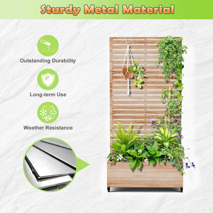 Metal Raised Garden Bed with Trellis, 2-in-1 Planter Box & Privacy Screen for Climbing Plants, Outdoor Standing Flower Bed with Drainage Holes, 35.4" L x 15.7" W x 70.1" H, Acacia Wood Grain