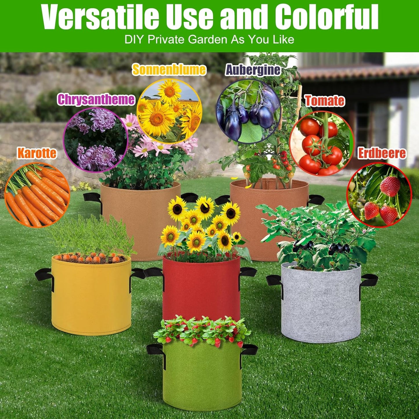 6-Pack Fabric Grow Bags 10 Gallon – Colorful 300G Thickened Nonwoven Planter Pots with Sturdy Handles, Breathable Garden Bags for Vegetables, Potato, Flowers