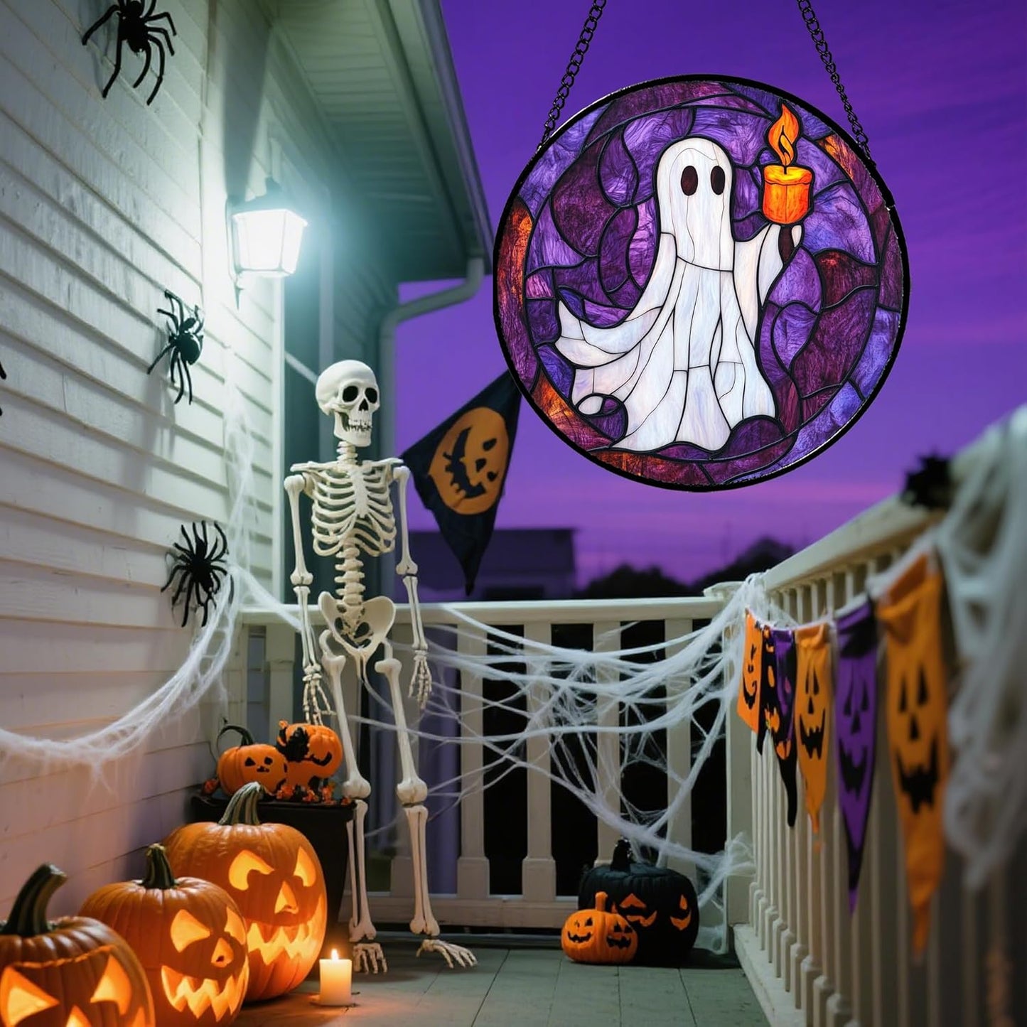 Stained Glass Window Hanging - Halloween Decorations Ghost Suncatcher for Doors Garden Indoor Spooky Funny Purple Sun Catchers Gothic Decor Horror Gifts for Women Men Friend 6.3 in