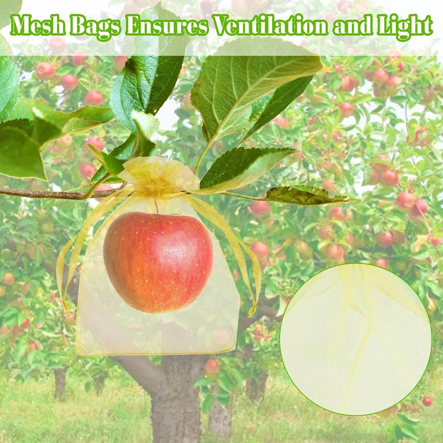 Morcheiong 60Pcs Fruit Protection Bags 8"" x 12"", Reusable Fruit Netting Bags for Fruit Trees, Garden Netting Mesh Bags with Drawstring (Yellow), M1076MCHYB