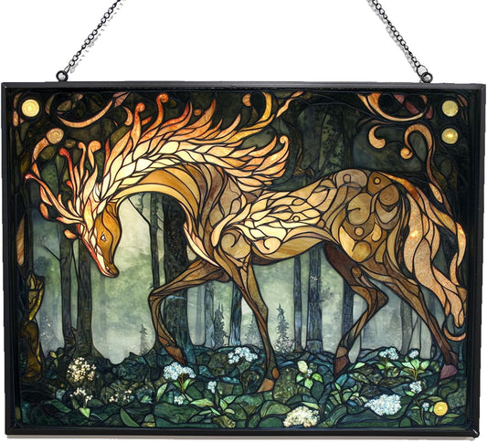 Rectangle Art Nouveau Glade Kirin Stained Glass Sun Catcher Mountain Stained Glass Window Hanging