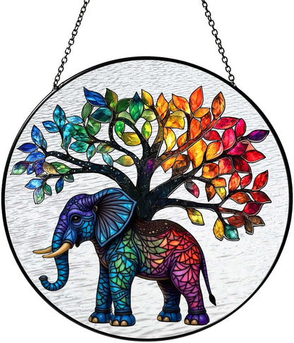 Elephant Tree Stained Glass Window Hanging Boho Animal Sun Catcher Decor Birthday Gifts for Women Christmas Elephant Suncatchers for Home Windows Hanging Decoration, 7.87inch