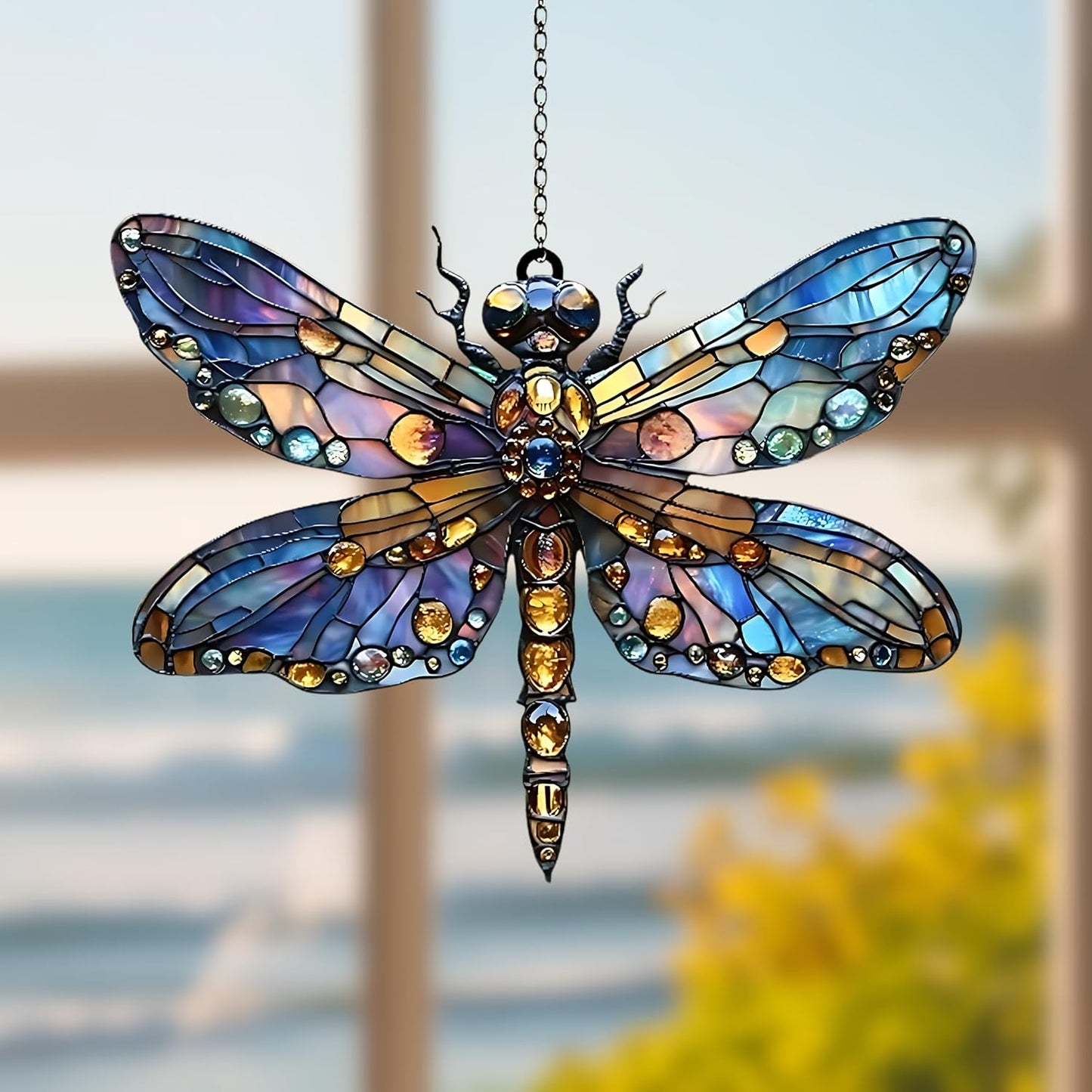 Boho Dragonfly Acrylic Suncatcher Stained Glass Effect Window Car Hanging Christmas Ornament Indoor Outdoor Decor Garden Sun Catcher Panel for Dragonfly Lover for Women Mom Grandma