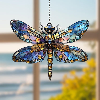 Boho Dragonfly Acrylic Suncatcher Stained Glass Effect Window Car Hanging Christmas Ornament Indoor Outdoor Decor Garden Sun Catcher Panel for Dragonfly Lover for Women Mom Grandma