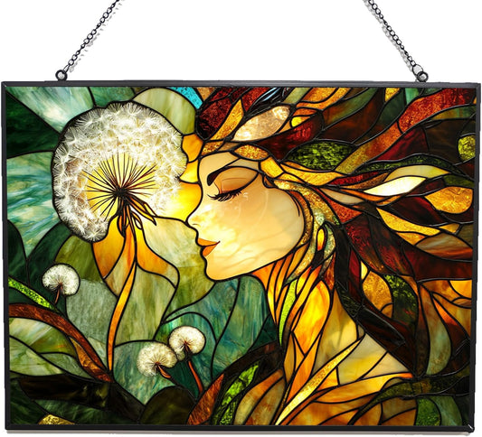 Rectangle Art Nouveau Dandelion Forest Fairy Stained Glass Window Hanging Window Suncatcher Glass