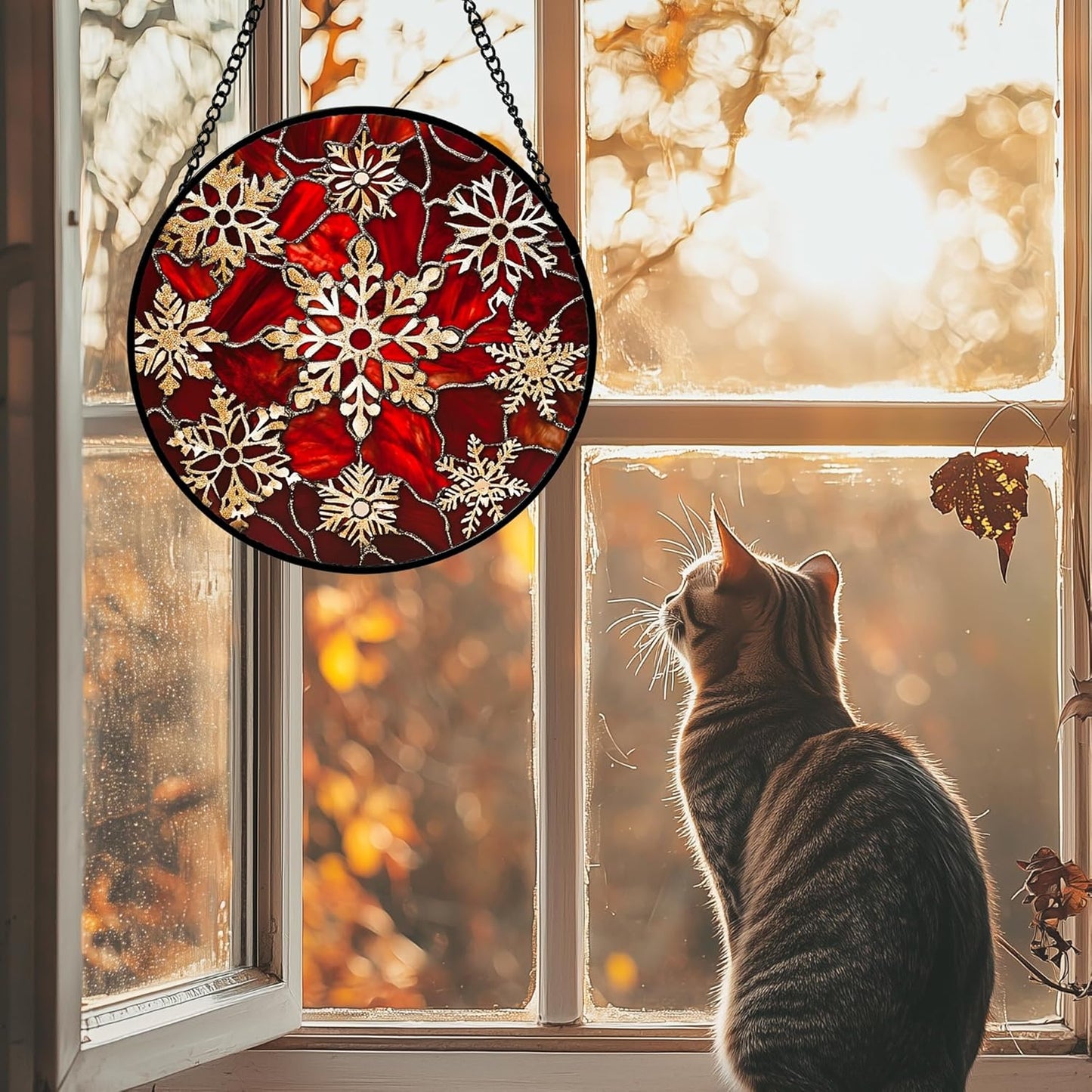 Stained Glass Window Hanging 4 Pcs Set Red Christmas Elk Snowflakes 9.8" - Deer Suncatcher Door Garden Sun Catcher Decor Birthday for Mom Woman Nana Men Friend
