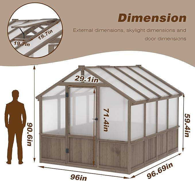 BlueWish 8x8 FT Greenhouses for Outdoors, Cedar Green House with 6MM Polycarbonate Panel, Greenhouse Kit with Adjustable Vent & Lockable Door, Walk-in Greenhouse for Outside, Garden, Backyard