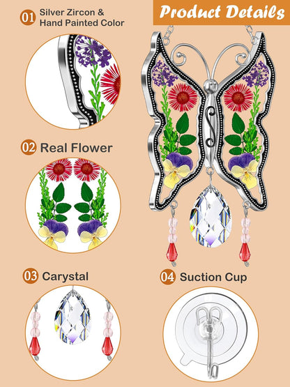 KY&BOSAM Butterfly Suncatcher Mom Gifts Stained Glass Suncatchers for Windows Hangings Wind Chime with Pressed Real Flower Wings with Crystal Charm Birthday Gifts for Mom Mother`s Day Home Decor