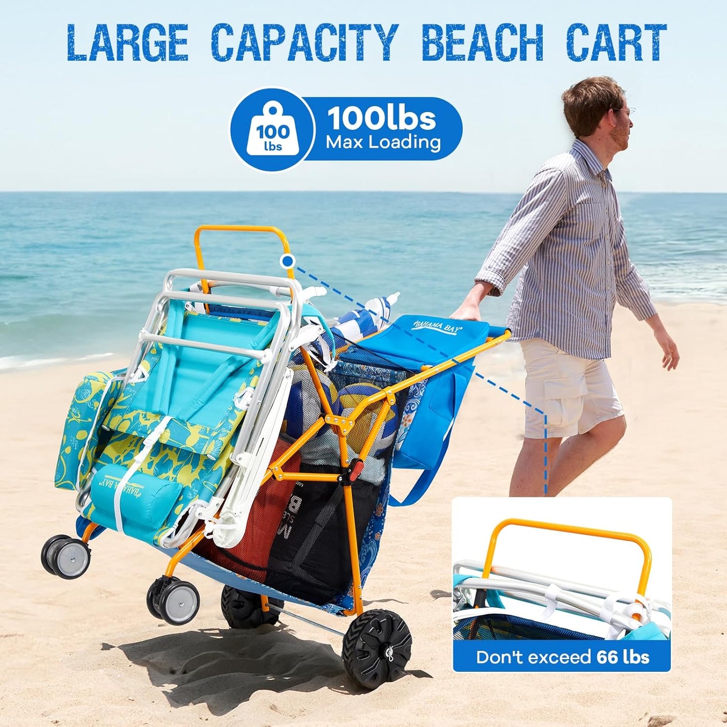 Old Bahama Bay Beach Cart with Large Wheels for Sand, Wide Wheelbase Beach Wagon with Insulated Cooler Bag, Body Board and Umbrella Holder | 100lb Capacity