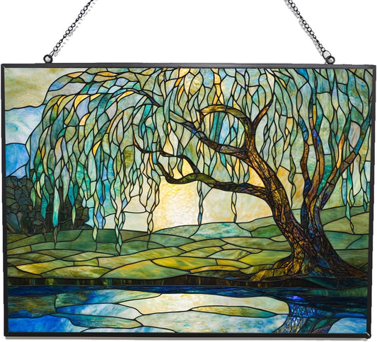 Customized Rectangle Art Nouveau Willow Pond Tree Stained Glass Window Hanging Sun Catcher