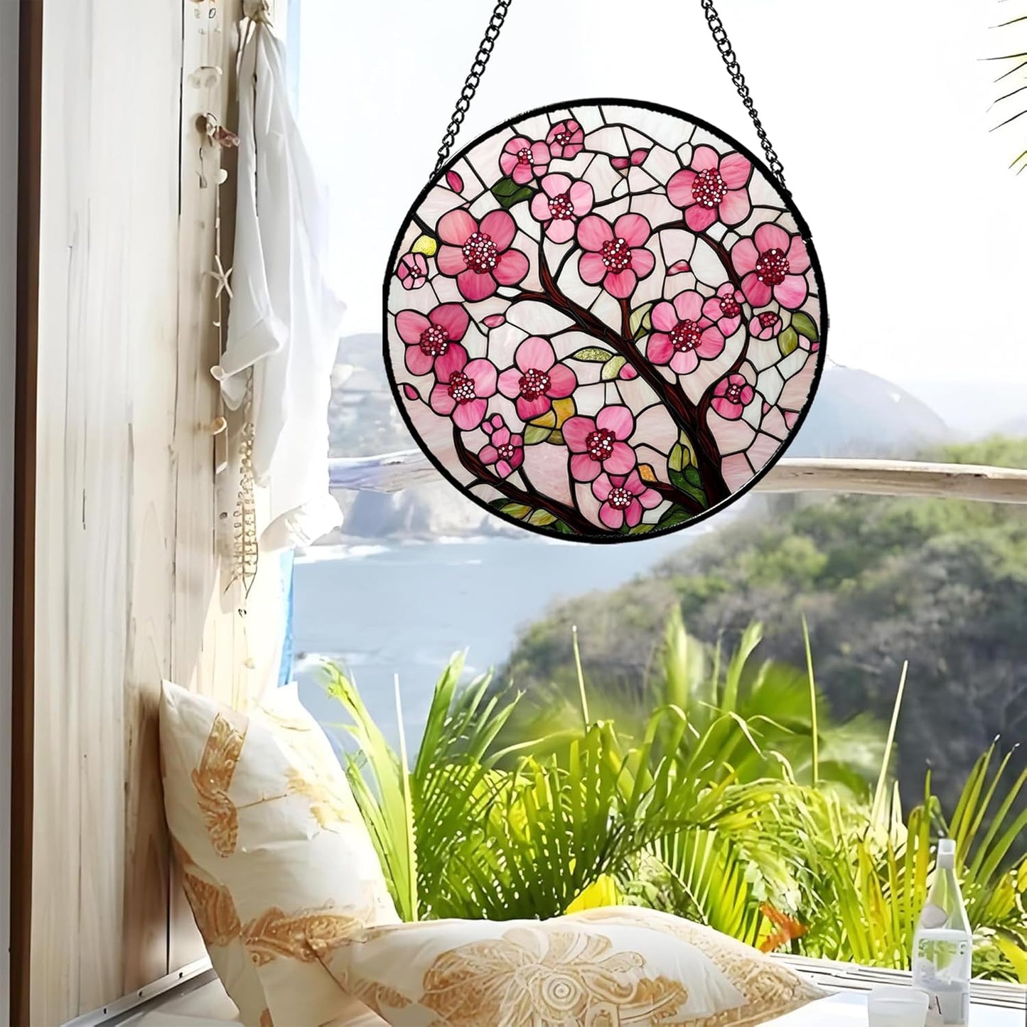 Stained Glass Window Hanging - Cherry Blossoms Birth Flower Suncatcher for Door Garden Patio Sun Catchers Decor Christmas Mother's Day Birthday Gifts for Women Mom Nana Friend Wife 7.8 in