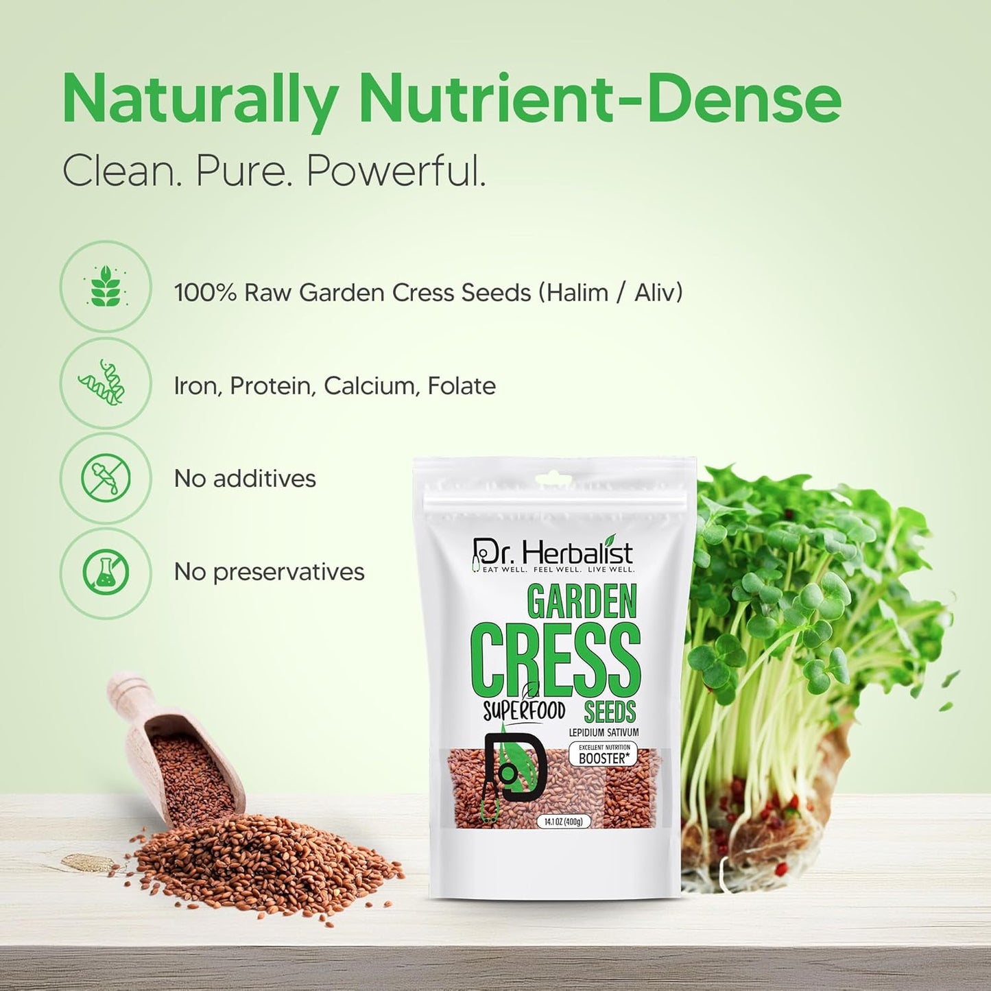 Dr. Herbalist Garden Cress Seeds 14.1oz (400g) – Premium Halim, Aliv, Haleem, Rashad, Watercress (Lepidium Sativum) – Superfood Seeds for Eating – Natural Nutrition Booster – Resealable Freshness Bag