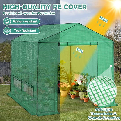 COOS BAY 8x8 FT Portable Walk-in Greenhouse, Pop up Outdoor Green House with Power Access Openings, Zippered Doors & Windows, Durable PE Cover, Green