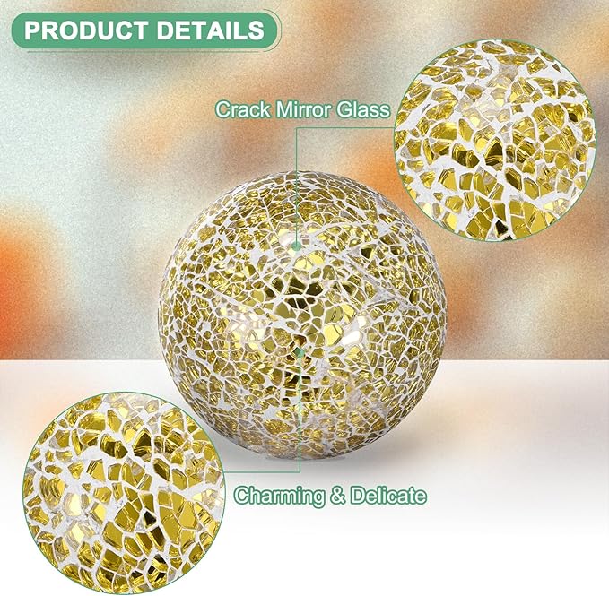 Decorative Ball for Bowls, 4 Inch Mosaic Glass Balls Decorative Glass Orbs for Home Decor/Dining Tables/Wedding Party/Coffee Table/Centerpiece Decor [Gold]