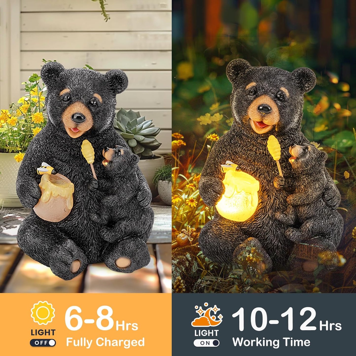 GIGALUMI Solar Garden Statues Loving Bear Figurine Lights for Outside, Yard Decorations Outdoor, Garden Decor Unique Birthday Housewarming Gifts for Mom, Women, Black