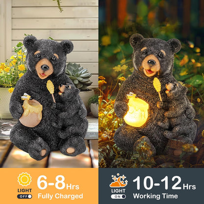 GIGALUMI Solar Garden Statues Loving Bear Figurine Lights for Outside, Yard Decorations Outdoor, Garden Decor Unique Birthday Housewarming Gifts for Mom, Women, Black