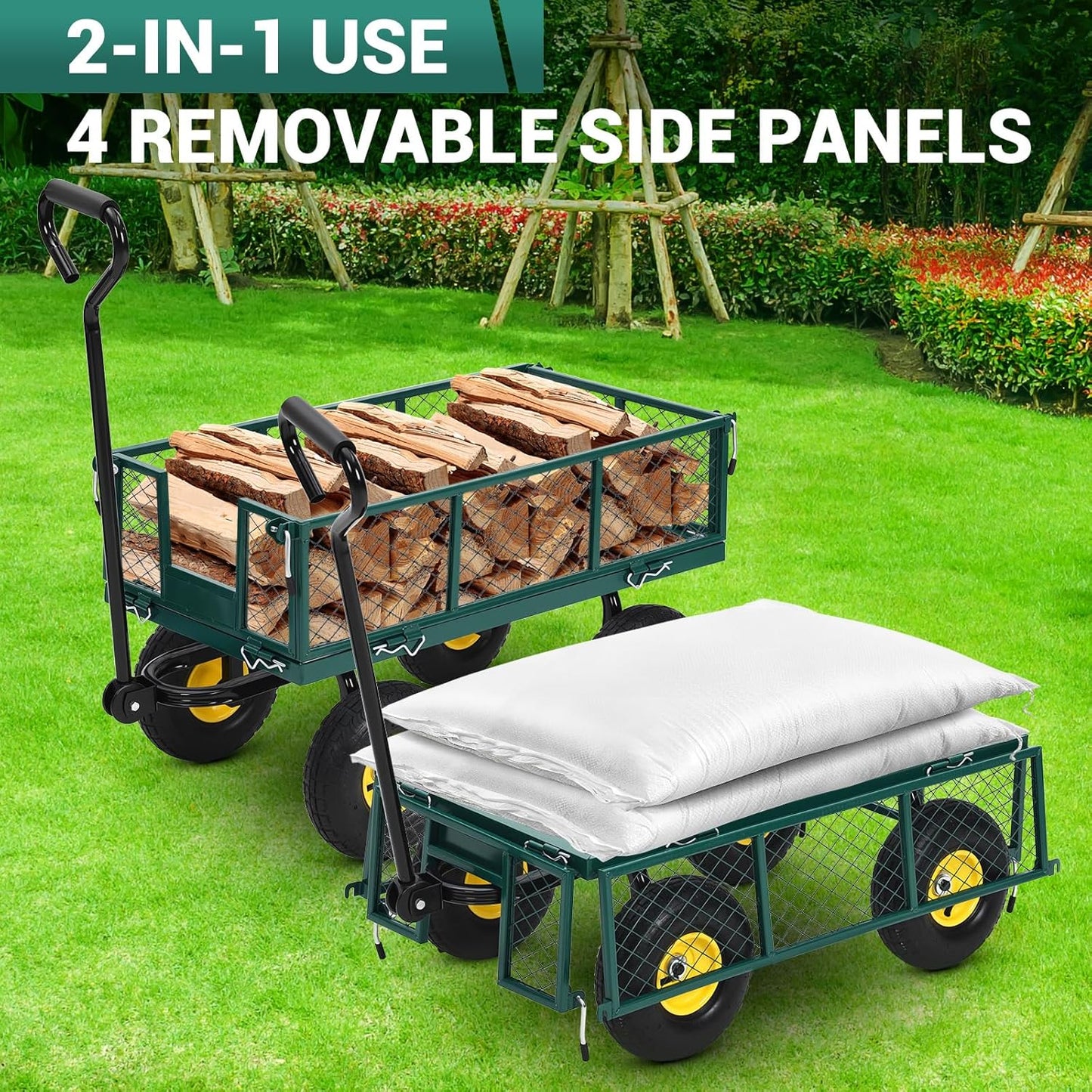 Heavy-Duty Steel Garden Cart, 900 Lb Yard Dump Metal Cart with 4-Side Removable Mesh and All Terrain 10" Tires, Flatbed Convertible Yard Wagon, Green