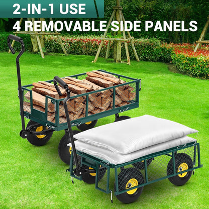 Heavy-Duty Steel Garden Cart, 900 Lb Yard Dump Metal Cart with 4-Side Removable Mesh and All Terrain 10" Tires, Flatbed Convertible Yard Wagon, Green